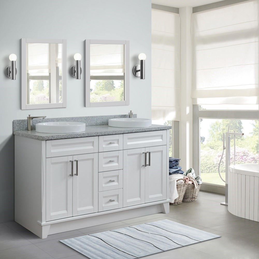 Bellaterra Homecom Bathroom Vanities Vanities 61 Double Sink Vanity In White Finish And Gray Granite And Round Sink