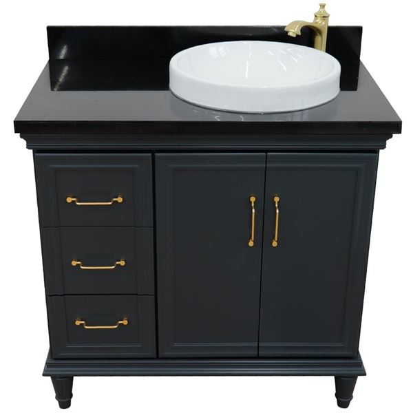 37" Single vanity in Dark Gray finish with Black galaxy and round sink- Right door/Right sink