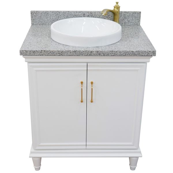 31" Single vanity in White finish with Gray granite and round sink