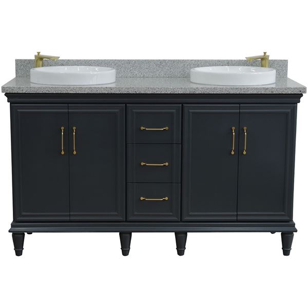 61" Double sink vanity in Dark Gray finish and Gray granite and round sink