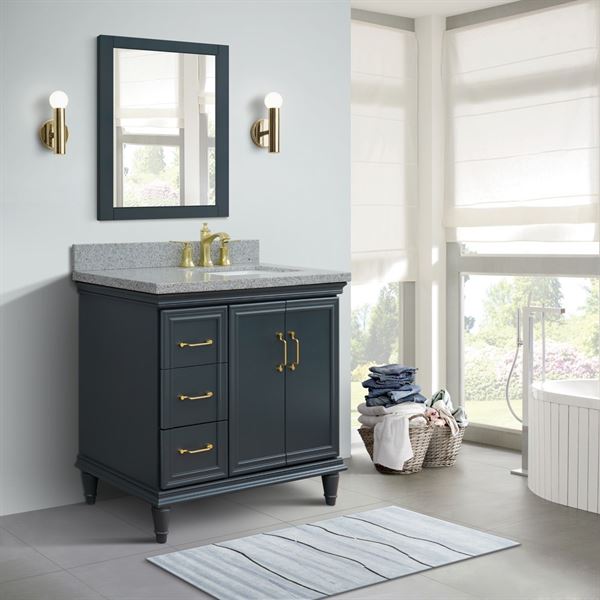 37" Single vanity in Dark Gray finish with Gray granite and rectangle sink- Right door/Right sink
