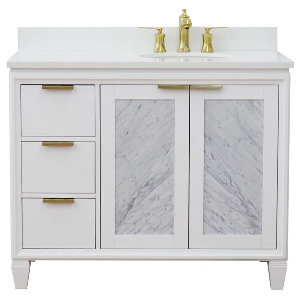 43" Single Vanity in White Finish With White Quartz and Oval Sink- Right Door/Right Sink