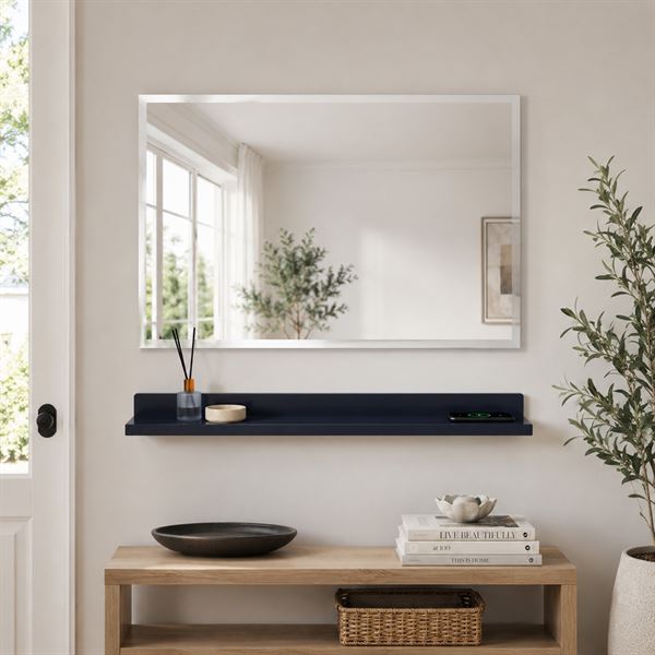30" Blue Wireless Charging Shelf and Frameless Mirror Set