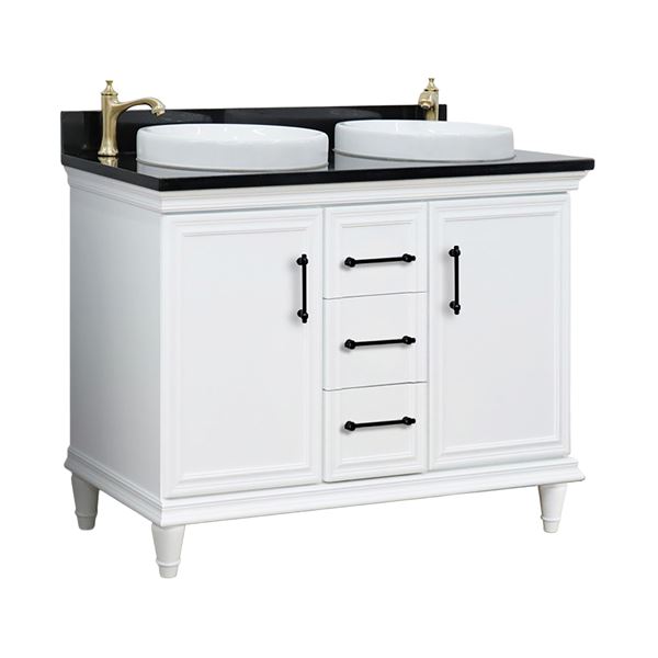 DISCONTINUED : 49" Double Vanity in White Finish with Black Galaxy and Round Sinks, Trento