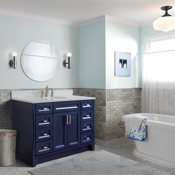 49" Single Sink Vanity in Blue Finish With White Quartz and Oval Sink