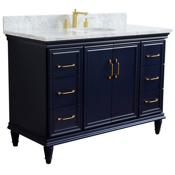 49" Single sink vanity in Blue finish with White carrara marble and and oval sink