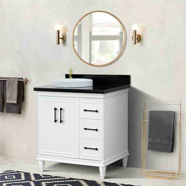 37″ Single Vanity in White Finish with Black Galaxy and Round Sink- Left Door/Left Sink
