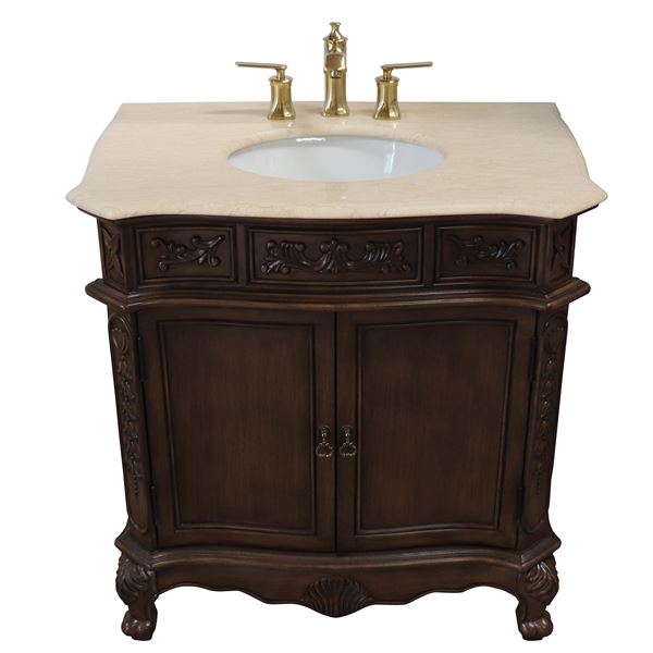34.6 in. Single Sink Vanity-Wood-Walnut-Cream Marble