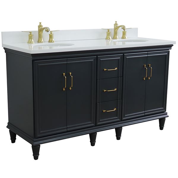 61" Double Sink Vanity in Dark Gray Finish and White Quartz and Oval Sink