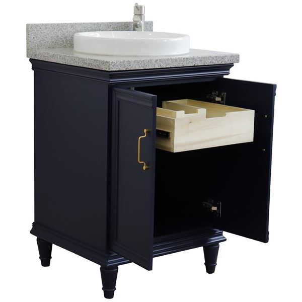 25" Single vanity in Blue finish with Gray granite and round sink