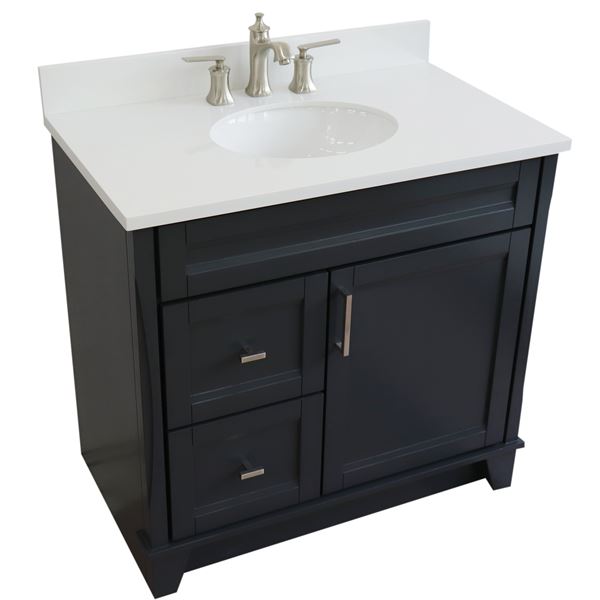 37 in. Single Vanity in Dark Gray Finish with White Quartz and Oval Sink- Right Door/Center Sink
