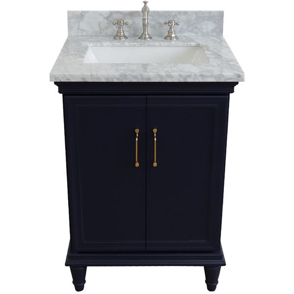 25" Single vanity in Blue finish with White Carrara and rectangle sink
