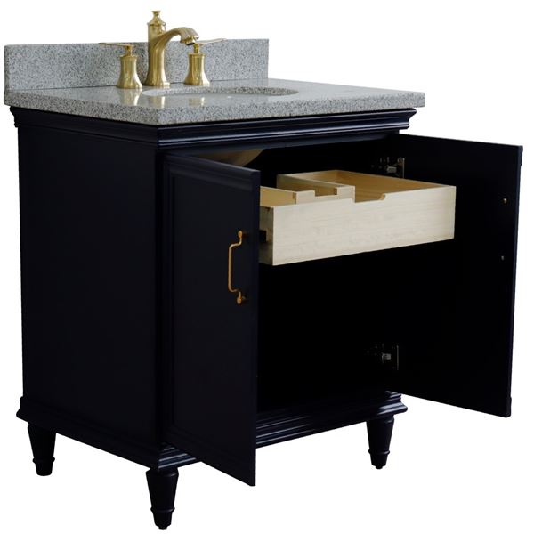 31" Single vanity in Blue finish with Gray granite and oval sink