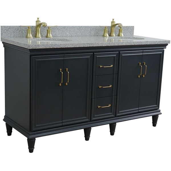 61" Double sink vanity in Dark Gray finish and Gray granite and oval sink