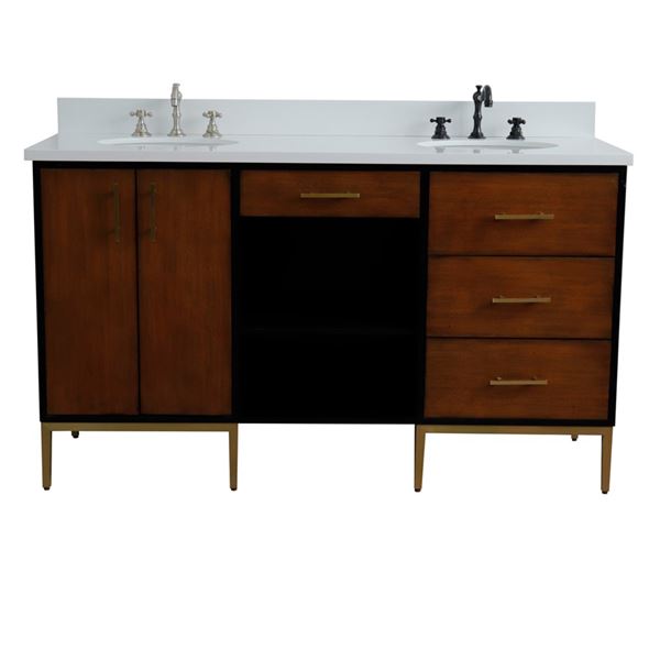 61" Double Sink Vanity in Walnut and Black Finish and White Quartz and Oval Sink
