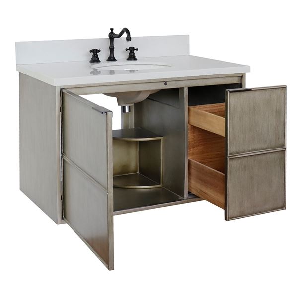 37" Single Wall Mount Vanity in Linen Brown Finish With White Quartz Top and Oval Sink