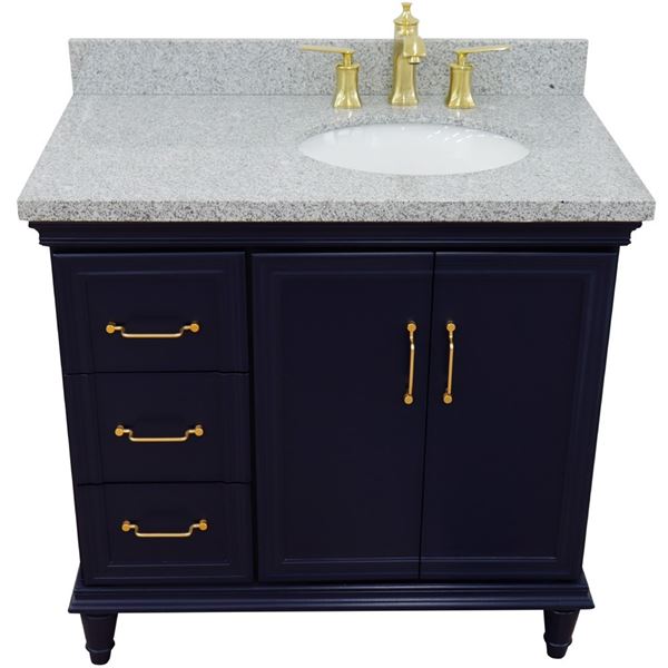 37" Single vanity in Blue finish with Gray granite and oval sink- Right door/Right sink