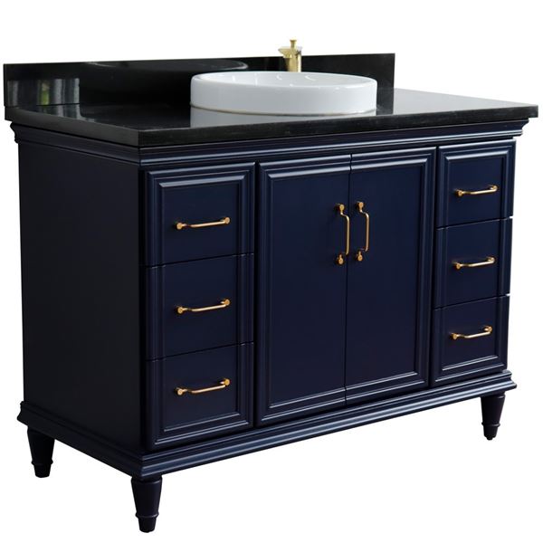 49" Single sink vanity in Blue finish with Black galaxy granite and round sink