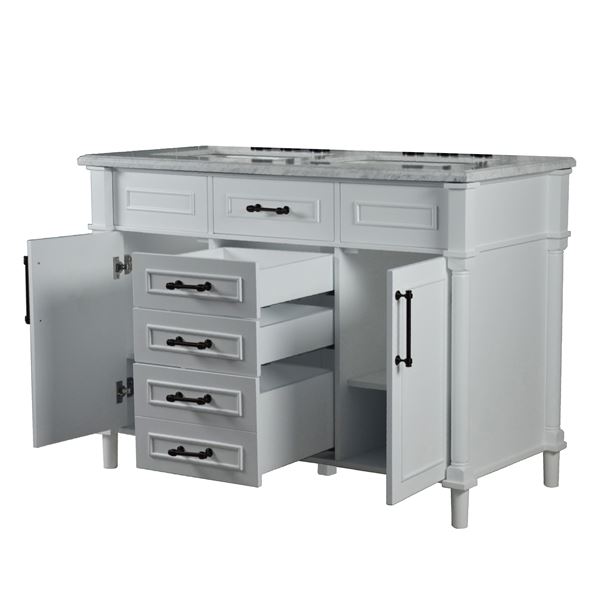 Napa 48 in. Double Vanity in White with White Carrara Marble Top with Black Hardware