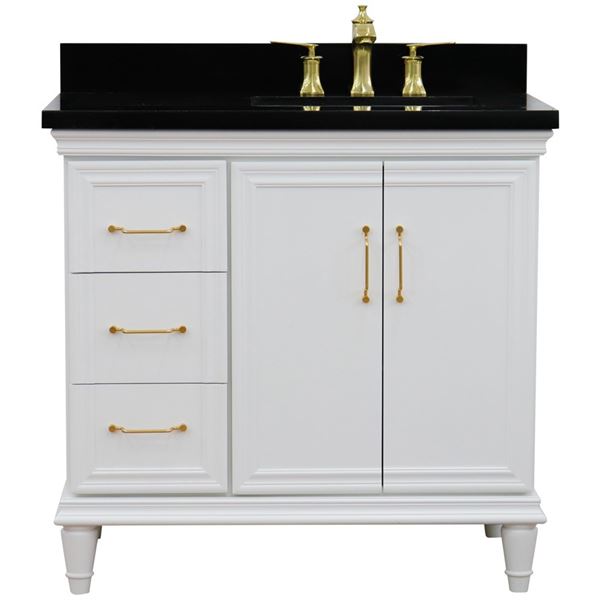 37" Single vanity in White finish with Black galaxy and rectangle sink- Right door/Right sink
