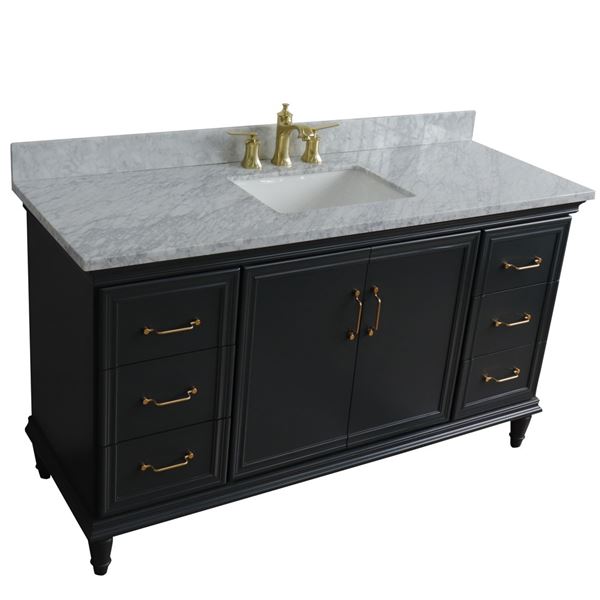 61" Single sink vanity in Dark Gray finish and White carrara marble and rectangle sink