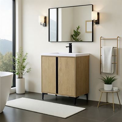 30 in. Single Vanity in Natural Oak finish with Solid Surface Resin White Sink