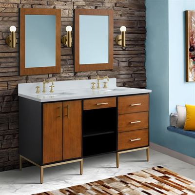 61" Double Sink Vanity in Walnut and Black Finish and White Quartz and Rectangle Sink