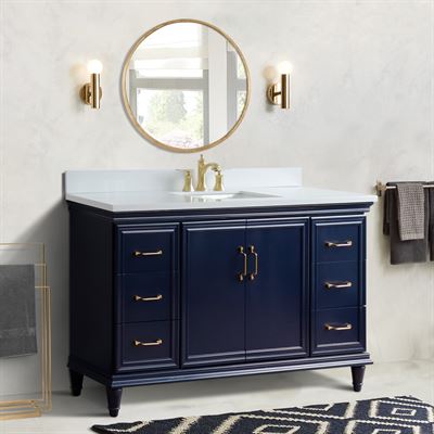61" Single sink vanity in Blue finish and White quartz and rectangle sink