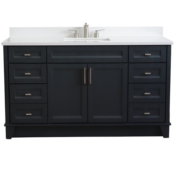 61" Single Sink Vanity in Dark Gray Finish and White Quartz and Rectangle Sink