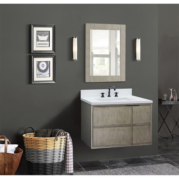 37″ Single Wall Mount Vanity in Linen Brown Finish with White Quartz Top and Rectangle Sink