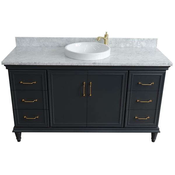 61" Single sink vanity in Dark Gray finish and White carrara marble and round sink
