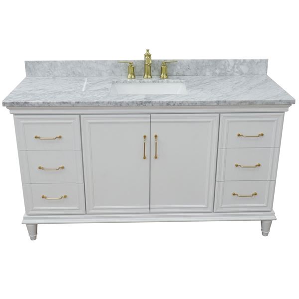 61" Single vanity in White finish with White Carrara and rectangle sink