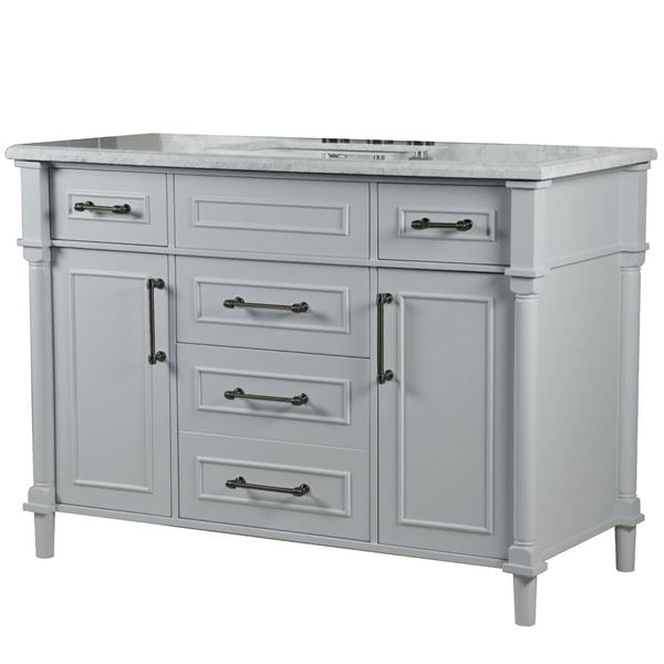 Napa 48 in. Single Vanity in Light Gray with White Carrara Marble Top with Black Hardware