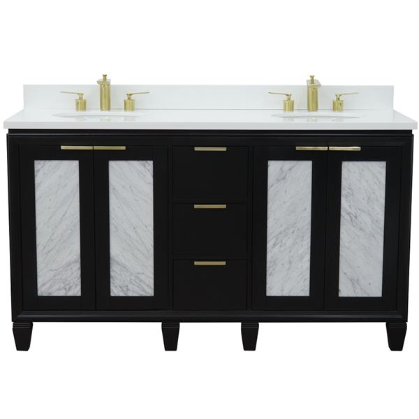 61" Double Sink Vanity in Black Finish With White Quartz and Oval Sink