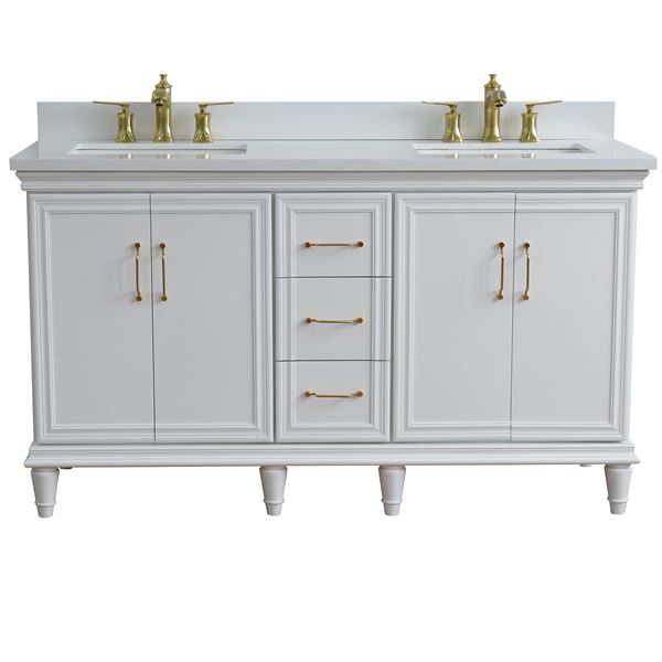61" Double Sink Vanity in White Finish and White Quartz and Rectangle Sink