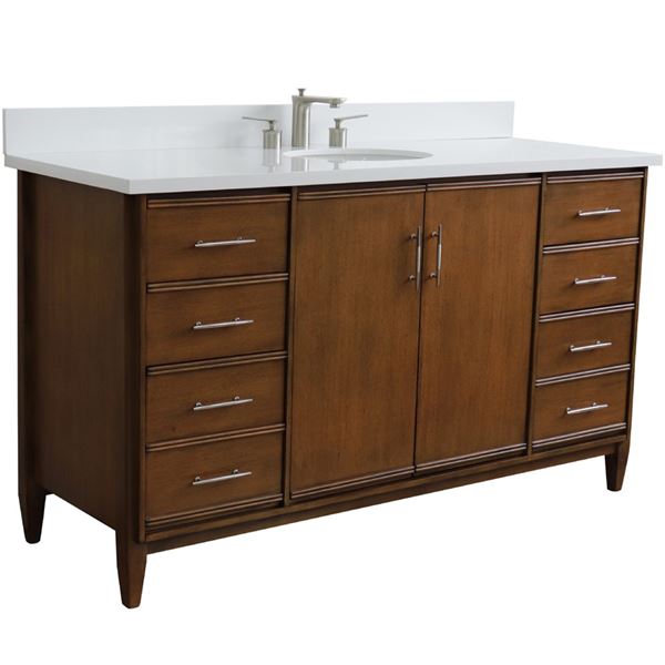 61" Single Sink Vanity in Walnut Finish With White Quartz and Oval Sink