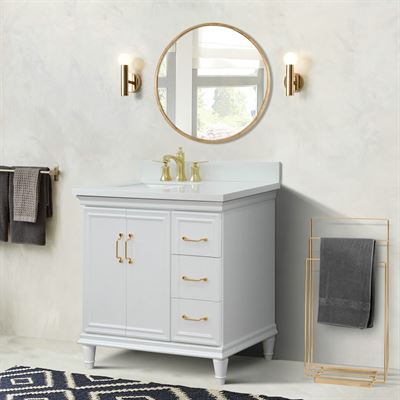 37" Single vanity in White finish with White quartz and rectangle sink- Left door/Left sink