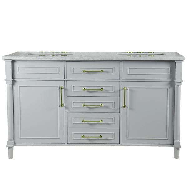 Napa 60 in. Double Vanity in Light Gray with White Carrara Marble Top with Gold Hardware