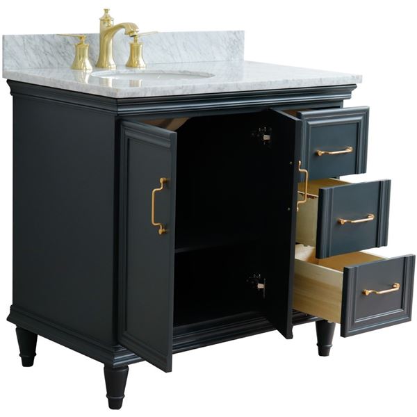37" Single vanity in Dark Gray finish with White Carrara and oval sink- Left door/Left sink