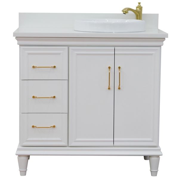 37" Single vanity in White finish with White quartz and round sink- Right door/Right sink
