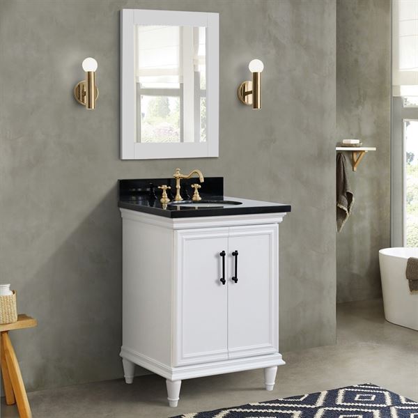 25″ Single Vanity in White Finish with Black Galaxy and Oval Sink