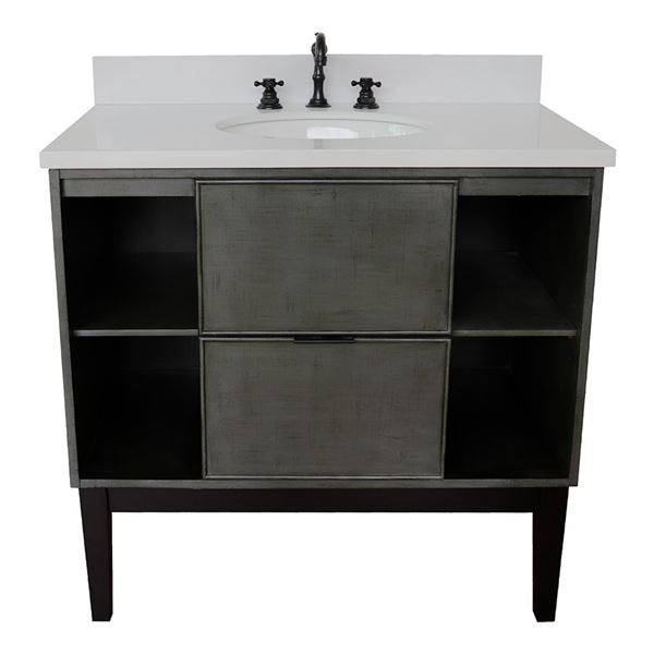 37" Single Vanity in Linen Gray Finish With White Quartz Top and Oval Sink