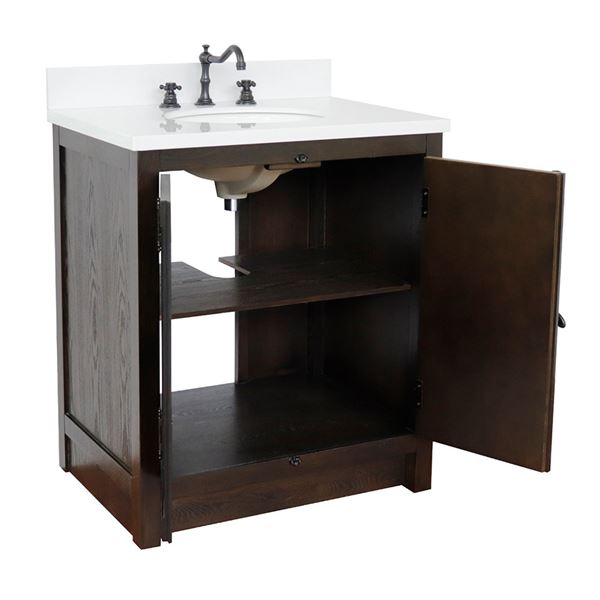 31" Single Vanity in Brown Ash Finish With White Quartz Top and Oval Sink