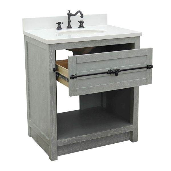 31" Single Vanity in Gray Ash Finish With White Quartz Top and Oval Sink