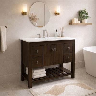 40 in. Single Sink Vanity Rustic Wood Finish with White Ceramic Sink Top