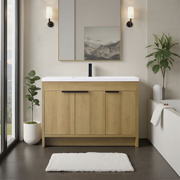 48 in. Single Vanity in Natural Oak finish with Solid Surface Resin White Sink