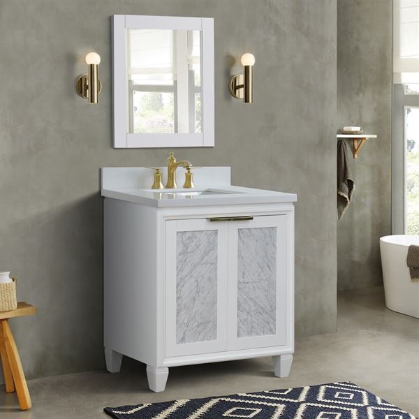31″ Single Sink Vanity in White Finish with White Quartz with Rectangle Sink