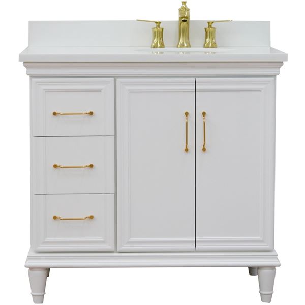 37" Single vanity in White finish with White quartz and oval sink- Right door/Right sink