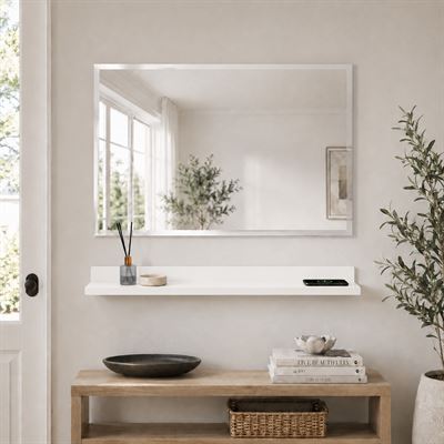 30" White Wireless Charging Shelf and Frameless Mirror Set