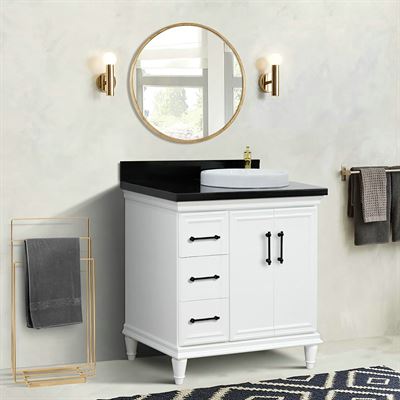 37" Single Vanity in White Finish with Black Galaxy and Round Sink- Right Door/Right Sink